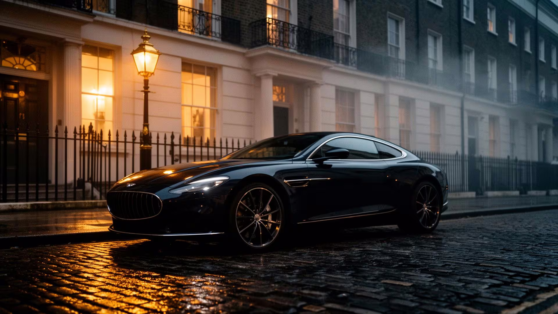 A grand tourer at dusk on a Mayfair cobblestone street