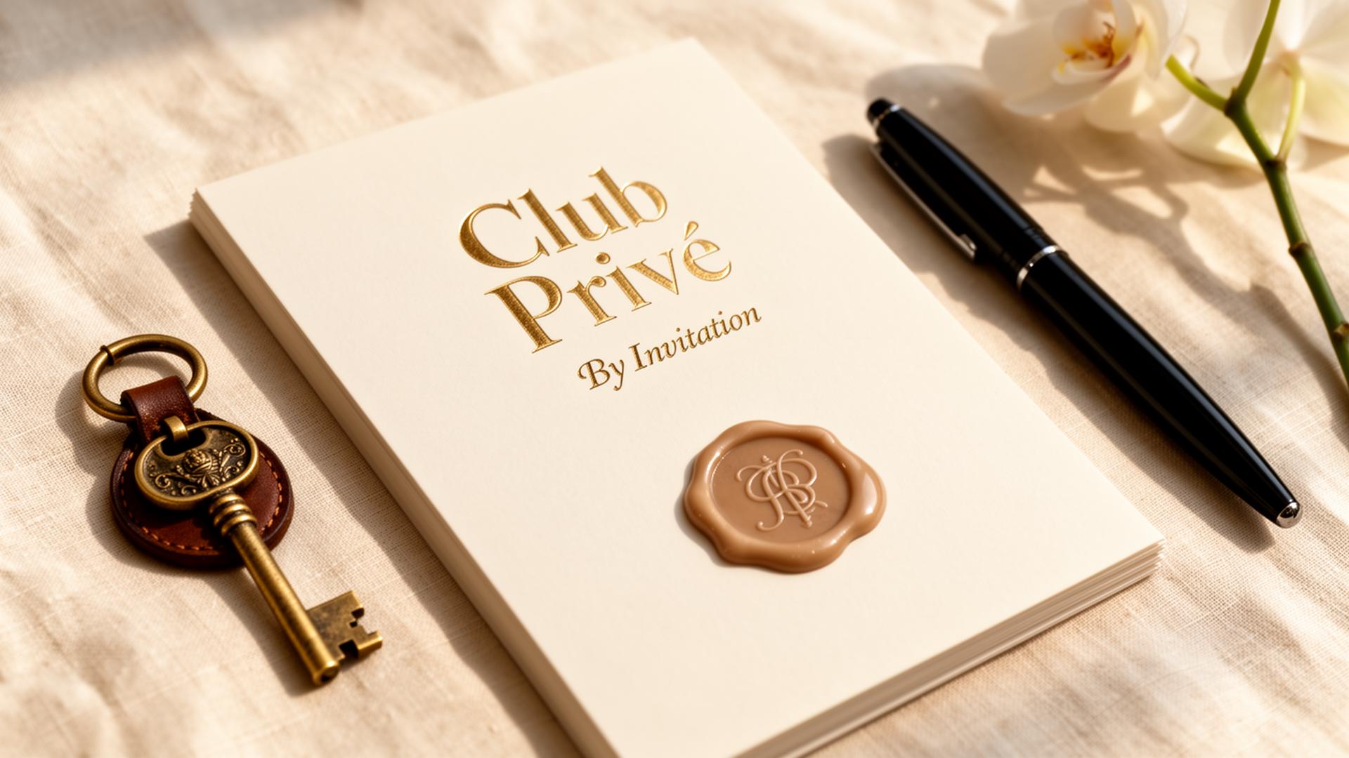 A Yokra invitation in champagne foil with wax seal, brass key and orchid on cream linen